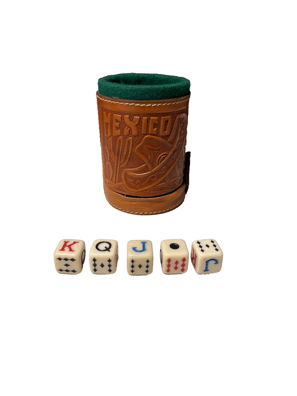 Hand Tooled Leather Dice Cup Mexico Mayan Calendar Sombrero Hat Green Lined Felt